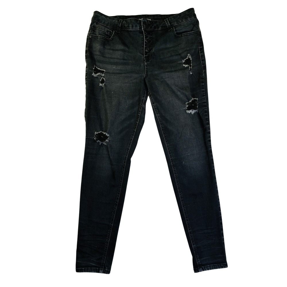 Maurices Womens 14 Reg Black Distressed Button Fly Skinny Jeans High Rise Denim